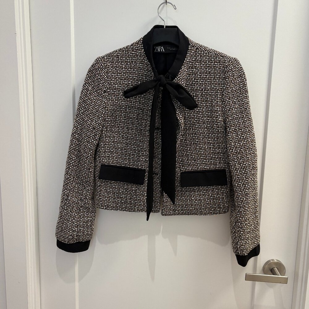 ZARA Elegant Jewelled Blazer with Sheer Neck Tie - XS